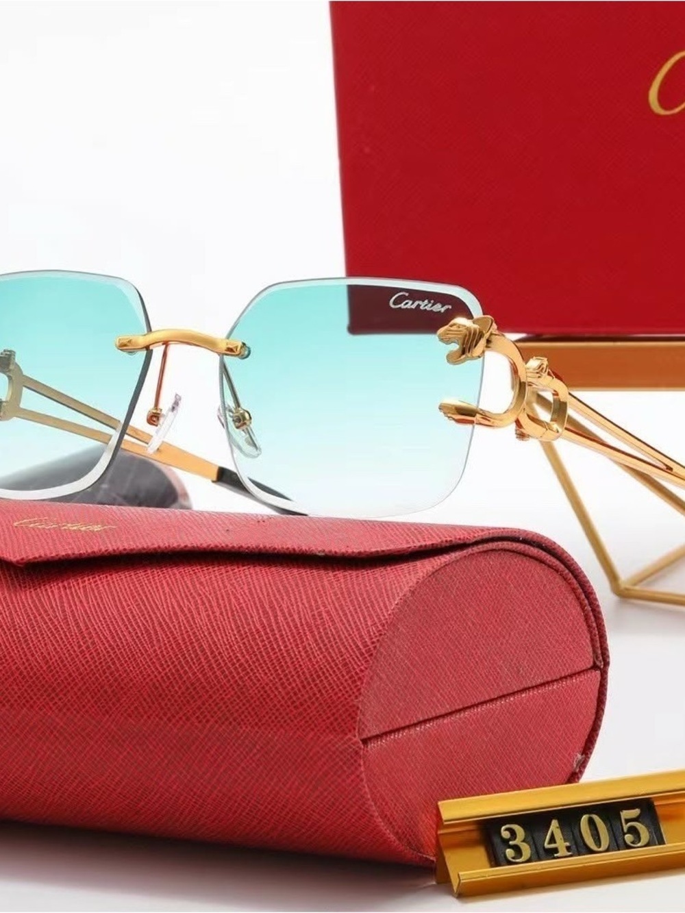 Gold-Trim Rimless Sunglasses with Blue-Green Gradient Lenses